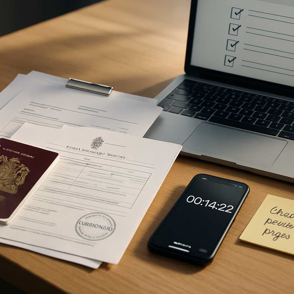 A premium, realistic office desk scene showing an urgent document submission workflow: neatly arrang
