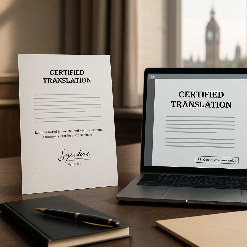 Create a premium editorial style image depicting a professional desk scene in London. On one side, d