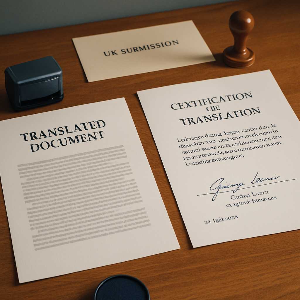 A detailed editorial photograph of a certified translation package laid out on a professional desk,
