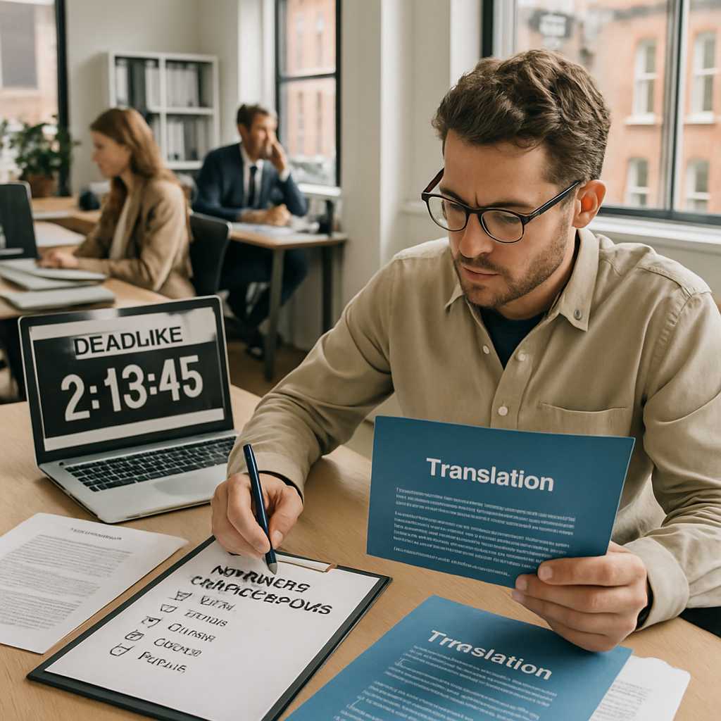 An editorial style photograph capturing a busy translation office scene in London, featuring a trans