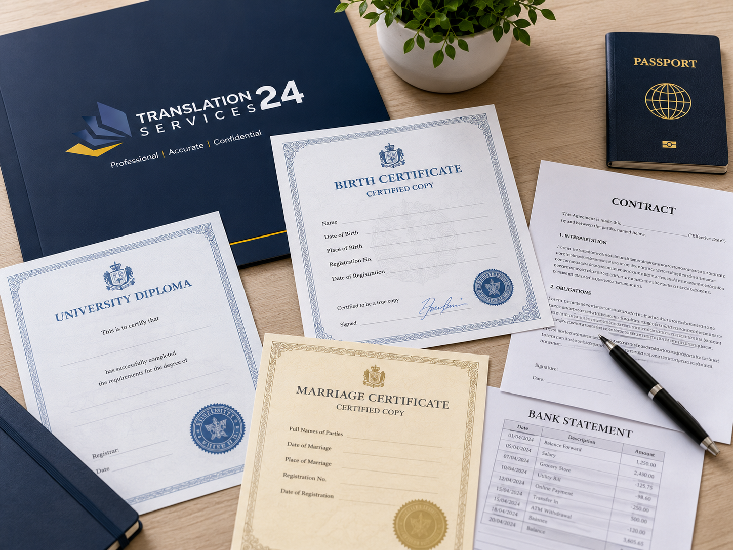 Birth certificate, passport, diploma, contract and financial statement for translation