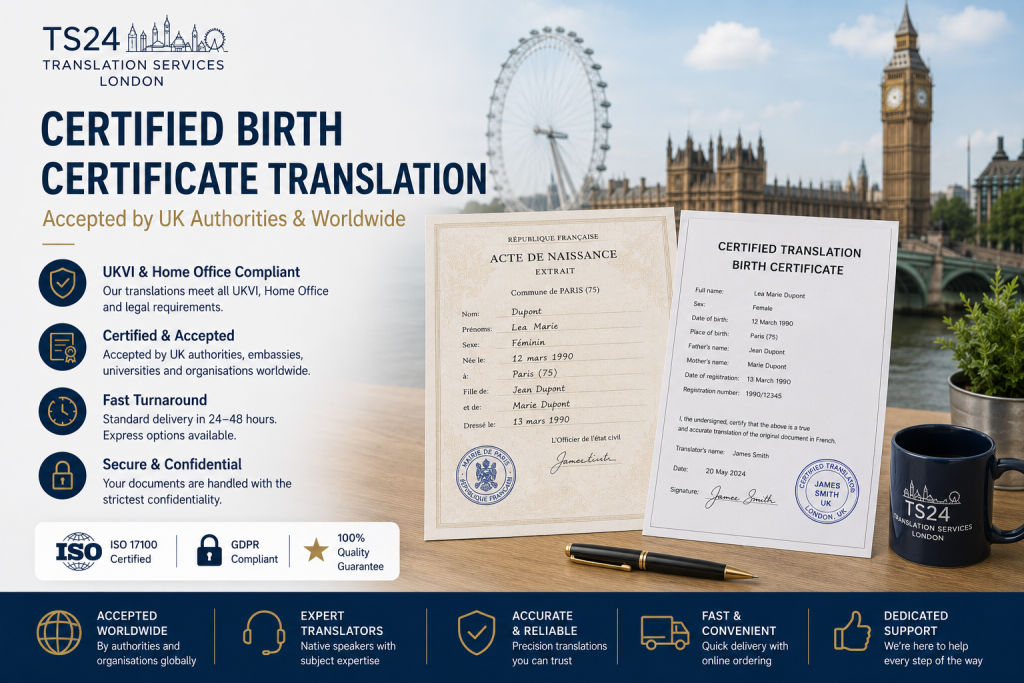 Certified birth certificate translation documents displayed beside London landmarks with service information and trust icons.