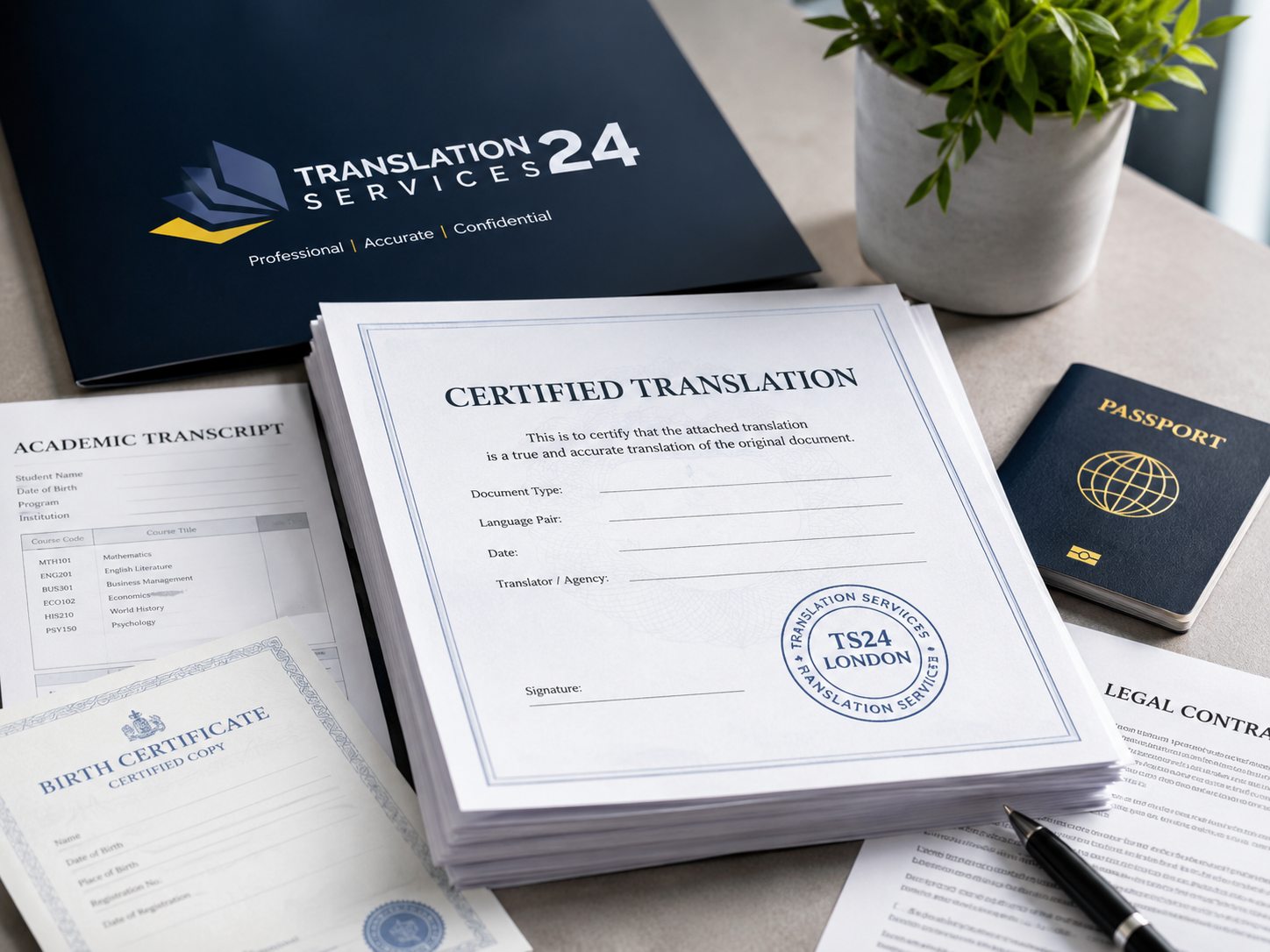 Certified, legal and business documents prepared for professional translation