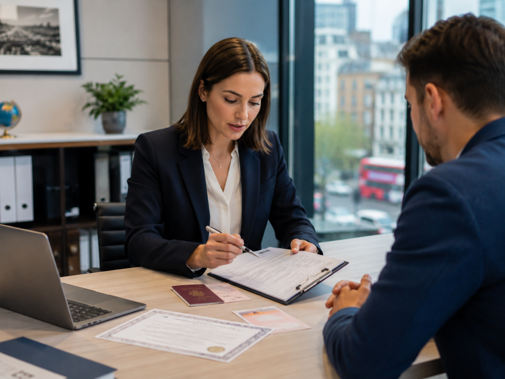 Certified translator reviewing official documents with a client in a modern London office