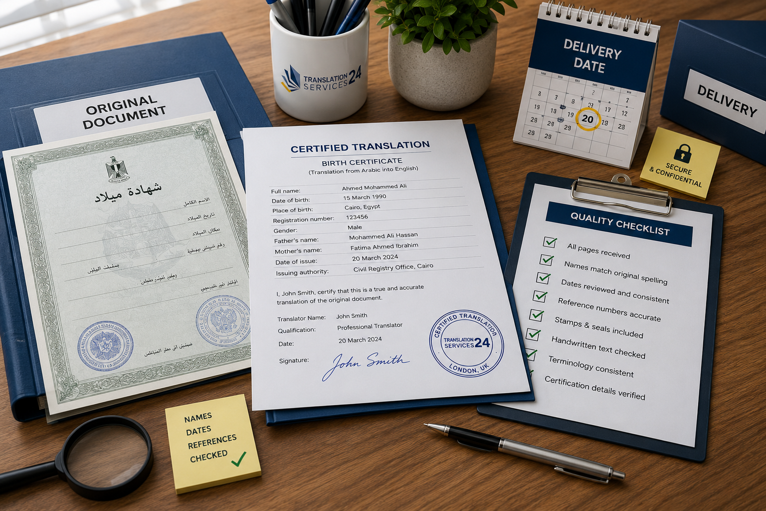 Document translation quality check for names dates and reference numbers