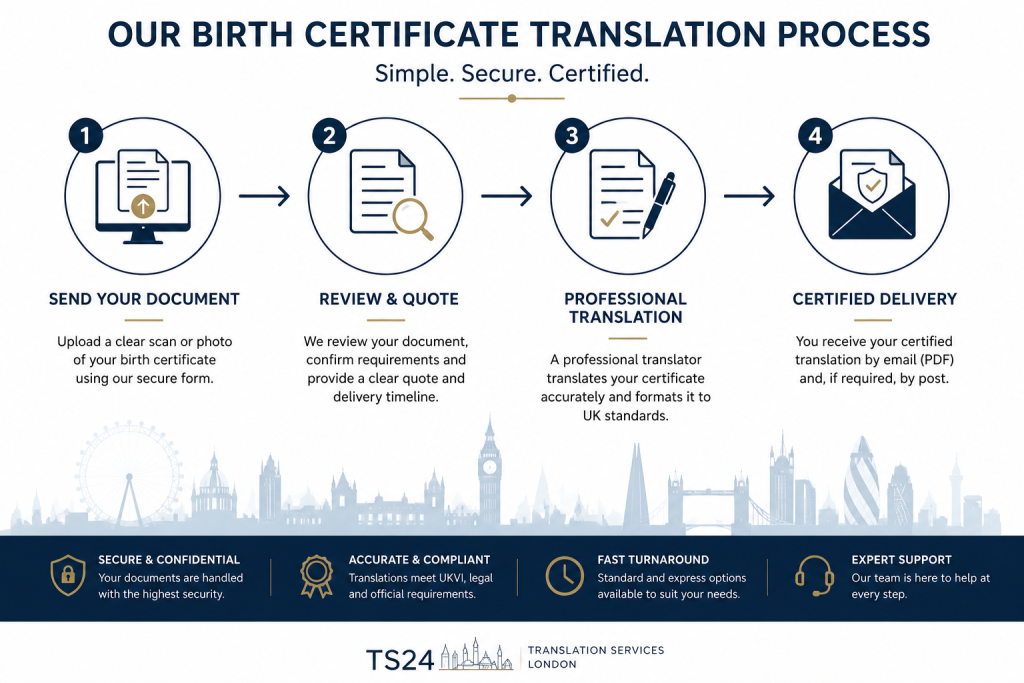 Four step birth certificate translation process showing document upload, review, professional translation and certified delivery.