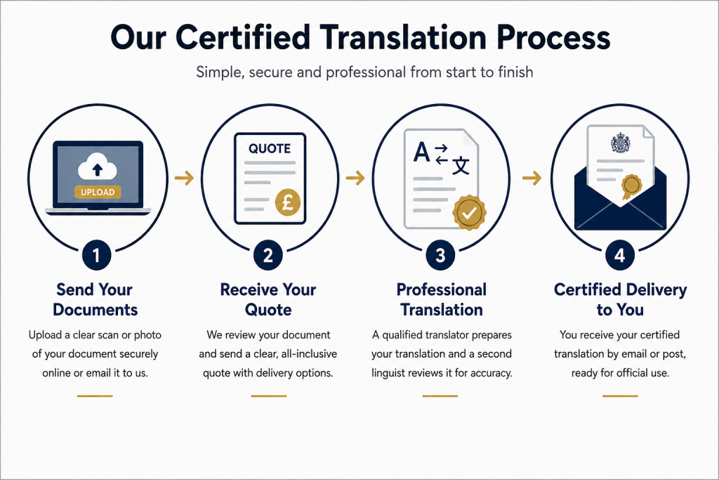 Four step certified translation process showing document upload, quote, professional translation and certified delivery