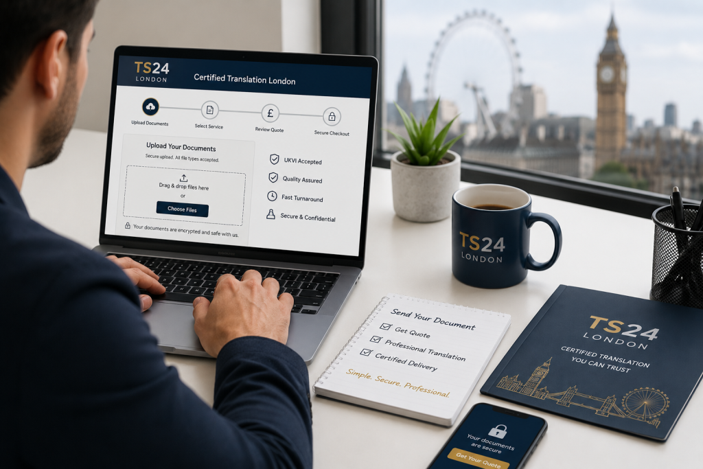 London client securely uploading documents online for a certified translation quote