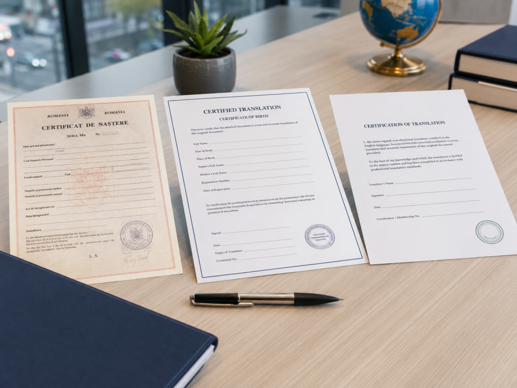 Original birth certificate beside its English certified translation and certification statement