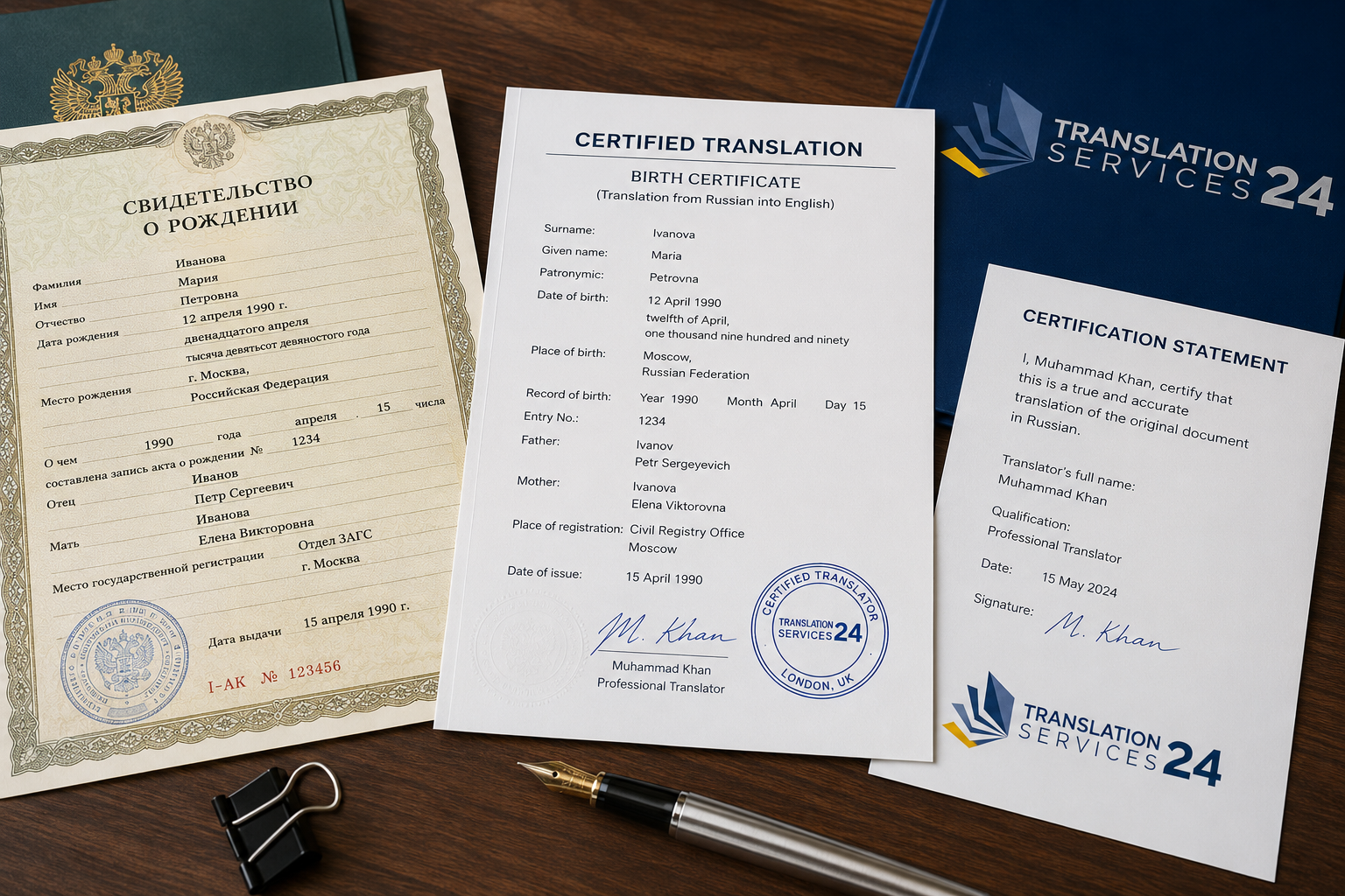 Original foreign-language certificate beside its certified English translation