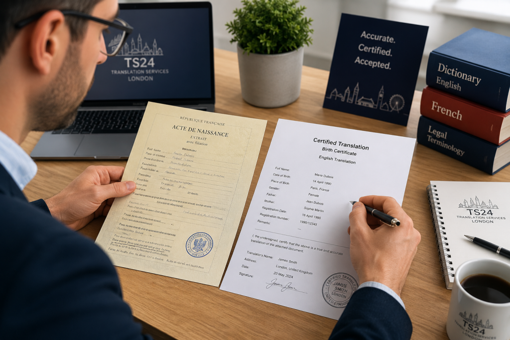Professional translator reviewing a French birth certificate and its certified English translation at a London office desk.
