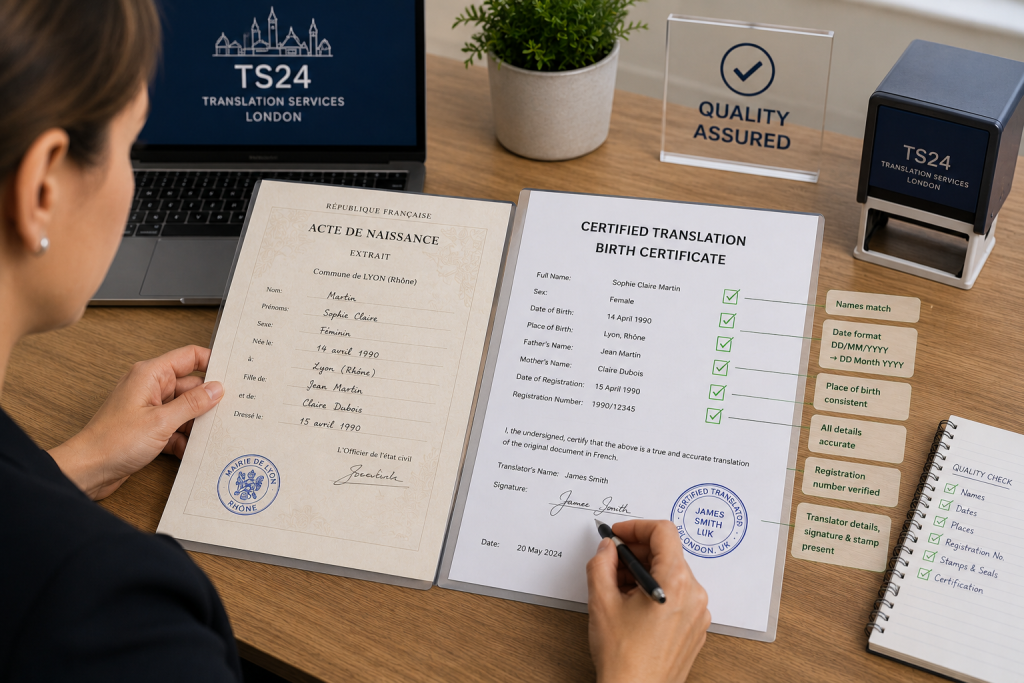 Reviewer comparing a French birth certificate with its certified English translation during a quality check.