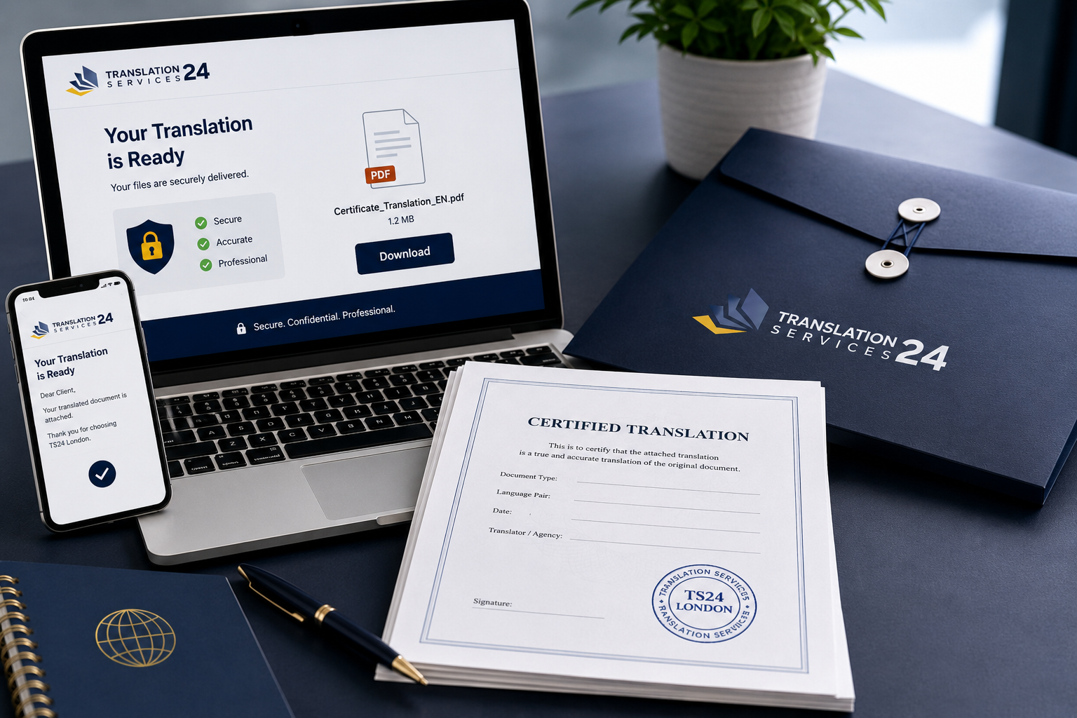 Translated documents prepared for secure digital and printed delivery