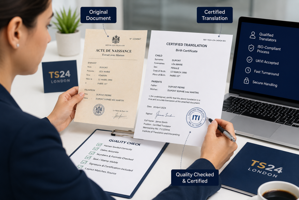 Translation specialist comparing an original birth certificate with its certified English translation during a quality check